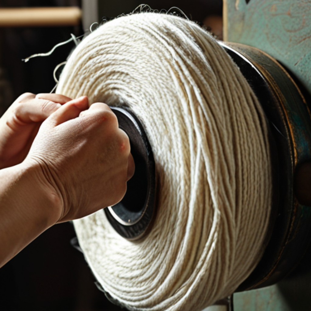 ** A close-up shot showcasing the intricate process of ring spinning, highlighting the smooth, strong yarn being produced. Focus on the texture and detail of the yarn and machinery.

**