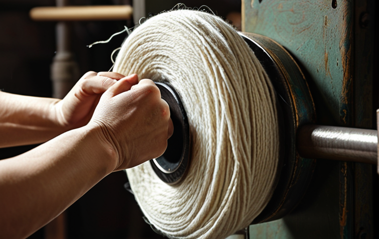 ** A close-up shot showcasing the intricate process of ring spinning, highlighting the smooth, strong yarn being produced. Focus on the texture and detail of the yarn and machinery.

**