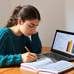 **

A focused young adult studying diligently at a desk. Open textbooks on textile fibers, weaving, and dyeing are spread around. A laptop displays a practice exam question. The atmosphere is studious and determined. Maybe include a Turkish coffee cup nearby. The overall style should be bright and encouraging.

**