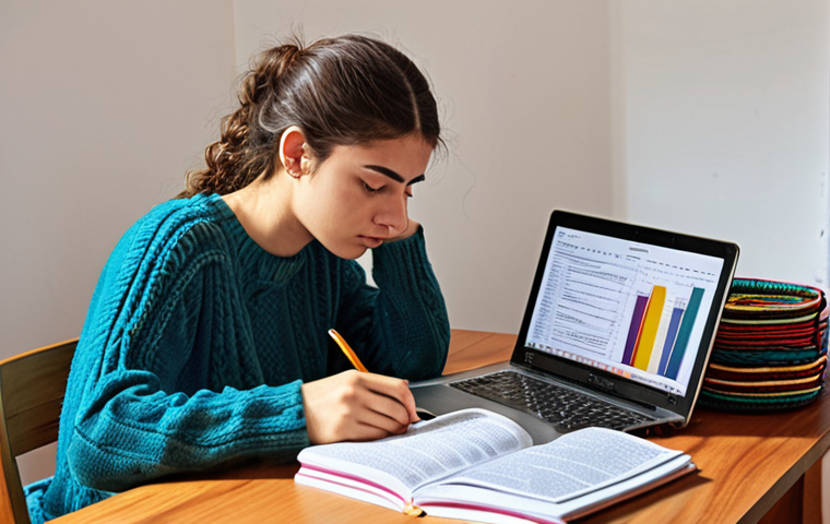 **

A focused young adult studying diligently at a desk. Open textbooks on textile fibers, weaving, and dyeing are spread around. A laptop displays a practice exam question. The atmosphere is studious and determined. Maybe include a Turkish coffee cup nearby. The overall style should be bright and encouraging.

**