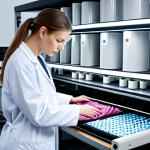 ** A modern textile laboratory with a technician in a lab coat, analyzing fabric samples using high-tech equipment. The setting should be clean and well-lit, suggesting quality control and innovation in textile production.

**