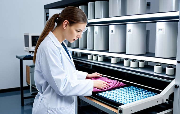 ** A modern textile laboratory with a technician in a lab coat, analyzing fabric samples using high-tech equipment. The setting should be clean and well-lit, suggesting quality control and innovation in textile production.

**