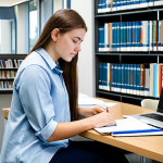 A female textile engineering student in her early twenties, fully clothed in appropriate, modest professional attire, sitting at a modern desk in a bright, clean university library. She is meticulously organizing physical and digital study notes, with textbooks, color-coded folders, and a laptop displaying academic articles and digital archives. The desk is neat and orderly, reflecting an organized mind. The atmosphere is calm and focused, with soft natural light coming through a large window. Perfect anatomy, correct proportions, natural pose, well-formed hands, proper finger count, natural body proportions. Safe for work, appropriate content, fully clothed, professional.