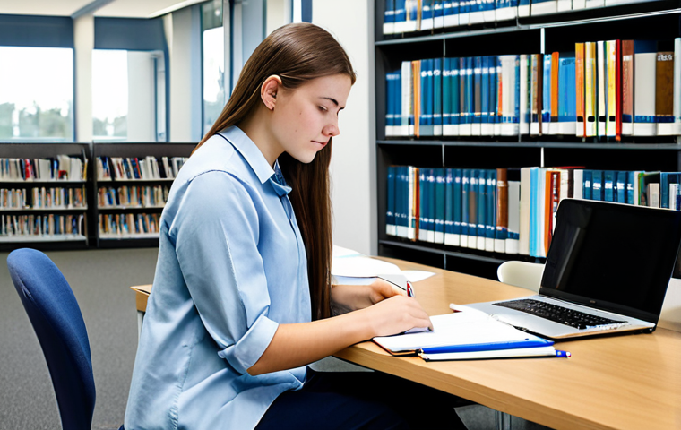 A female textile engineering student in her early twenties, fully clothed in appropriate, modest professional attire, sitting at a modern desk in a bright, clean university library. She is meticulously organizing physical and digital study notes, with textbooks, color-coded folders, and a laptop displaying academic articles and digital archives. The desk is neat and orderly, reflecting an organized mind. The atmosphere is calm and focused, with soft natural light coming through a large window. Perfect anatomy, correct proportions, natural pose, well-formed hands, proper finger count, natural body proportions. Safe for work, appropriate content, fully clothed, professional.